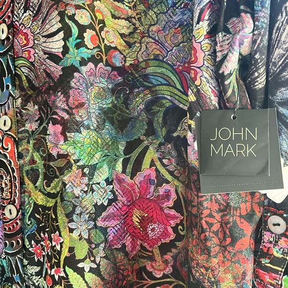John Mark Mixed Print Satin Point Collar Long Roll-Tab Sleeve Button Blouse 3X - Picture 2 of 3
